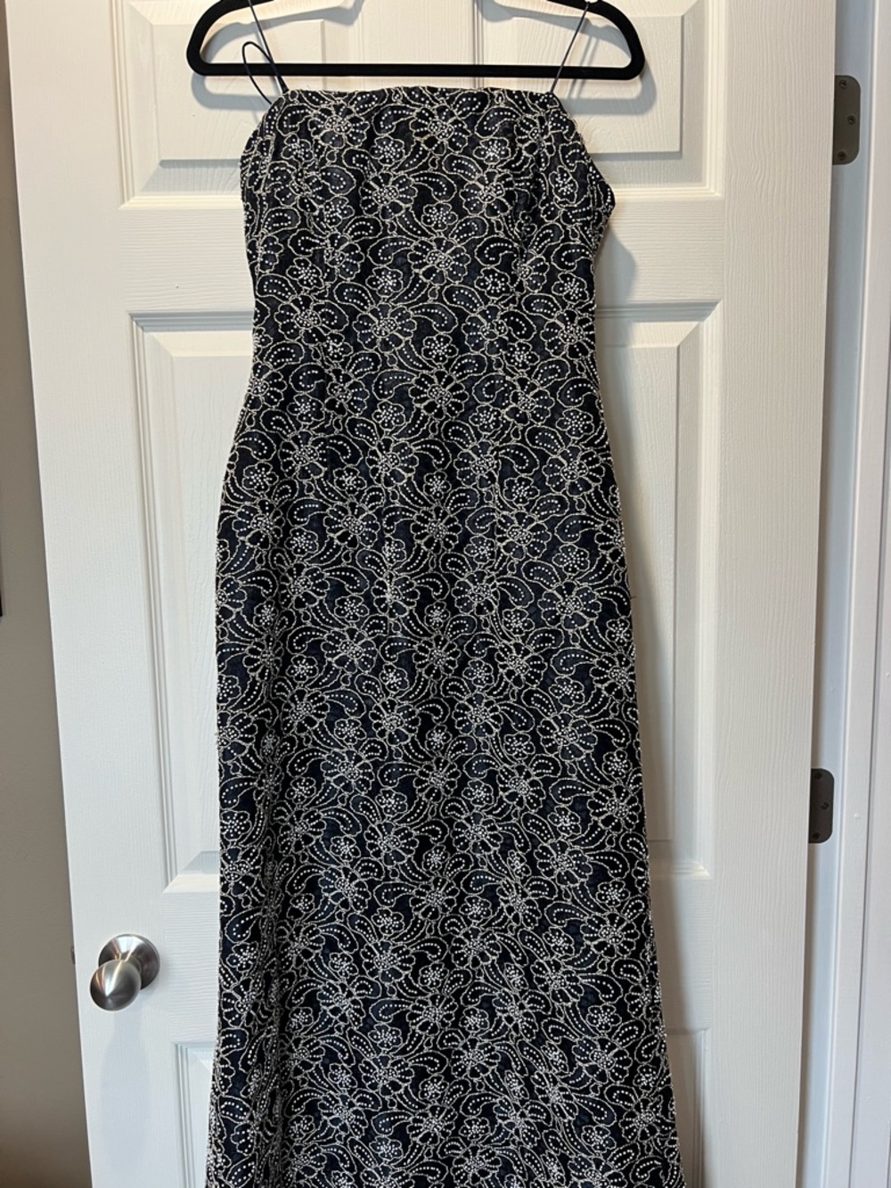 Carmen Marc Valvo Navy and White Beaded Strapless Dress
